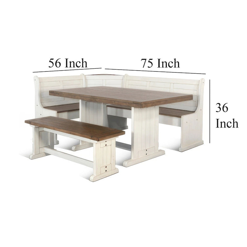 Sime 4pc Corner Breakfast Nook Set, White Brown Dining Table and Bench