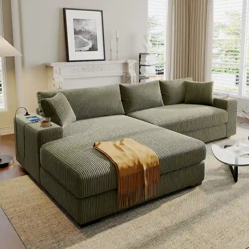 111-Inch Large Corduroy L Shape Sectional Sofa with Built-in Cup Holders & Charging Ports