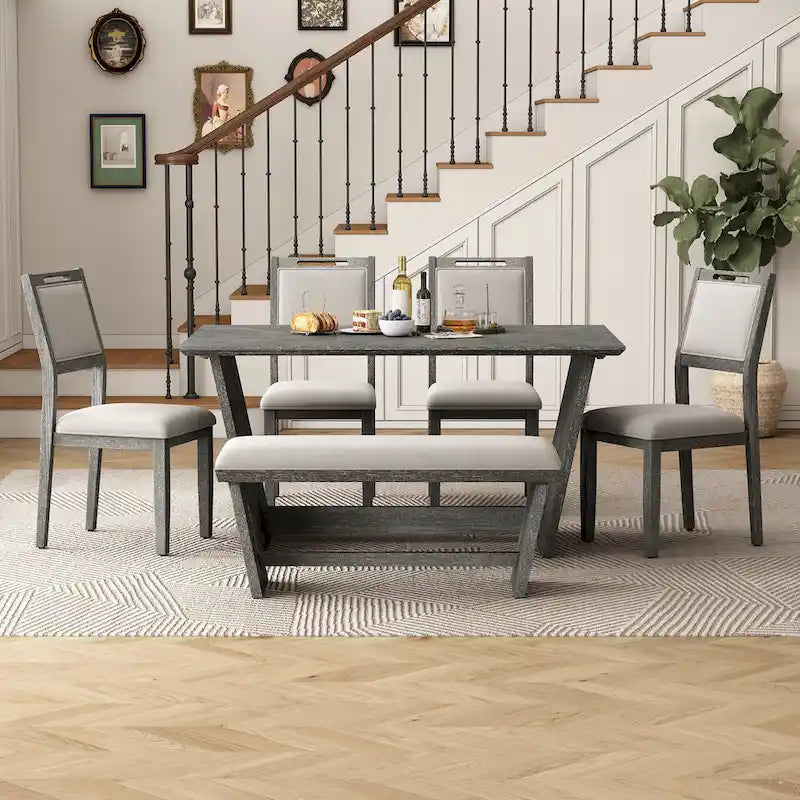 6 Pcs Dining Table Set, Wood Dining Kitchen Table and Chairs Set with Rectangular Table, 4 Upholstered Chairs and 1 Bench