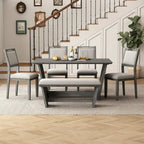 6 Pcs Dining Table Set, Wood Dining Kitchen Table and Chairs Set with Rectangular Table, 4 Upholstered Chairs and 1 Bench