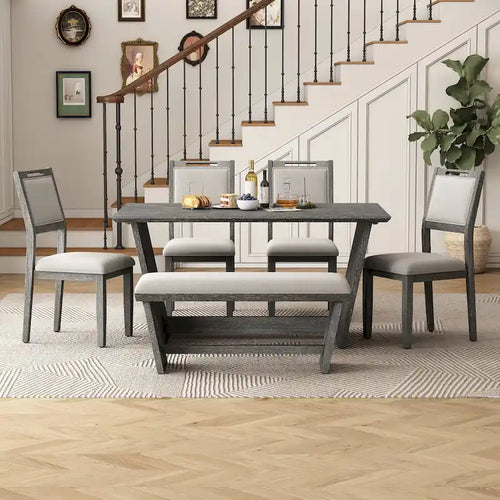 6 Pcs Dining Table Set, Wood Dining Kitchen Table and Chairs Set with Rectangular Table, 4 Upholstered Chairs and 1 Bench
