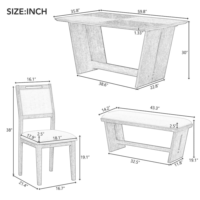 6 Pcs Dining Table Set, Wood Dining Kitchen Table and Chairs Set with Rectangular Table, 4 Upholstered Chairs and 1 Bench