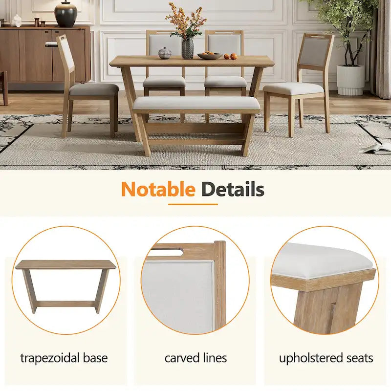 6 Pcs Dining Table Set, Wood Dining Kitchen Table and Chairs Set with Rectangular Table, 4 Upholstered Chairs and 1 Bench