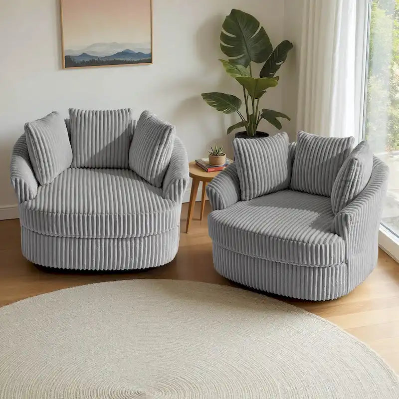 2 Set Oversized 43 W Plush Corduroy Swivel Barrel Chair with Pillows