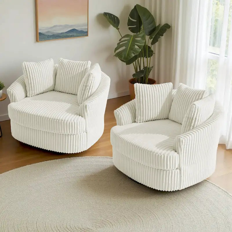 2 Set Oversized 43 W Plush Corduroy Swivel Barrel Chair with Pillows