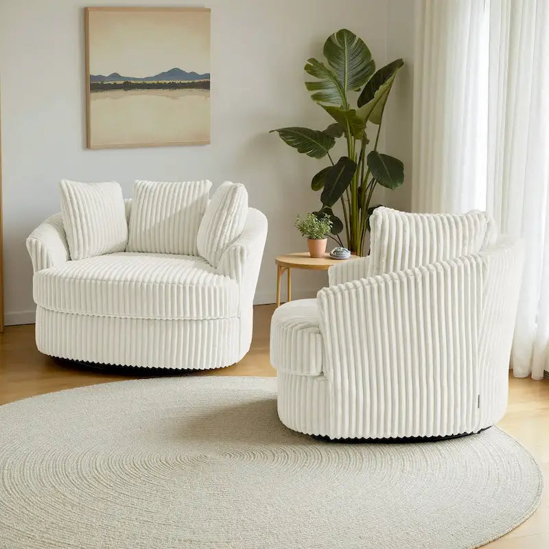 2 Set Oversized 43 W Plush Corduroy Swivel Barrel Chair with Pillows