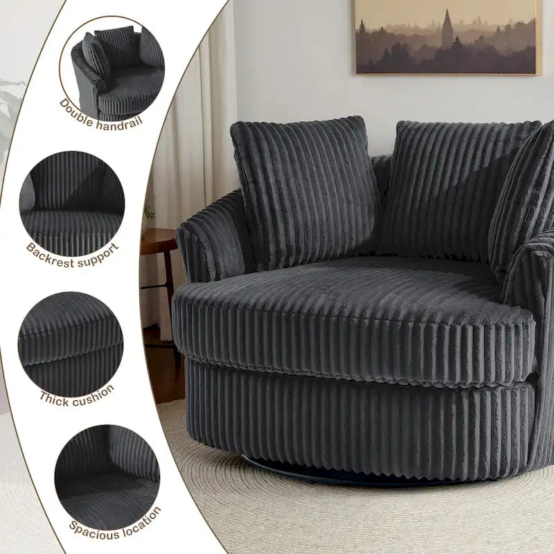 2 Set Oversized 43 W Plush Corduroy Swivel Barrel Chair with Pillows