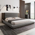 King Gray Floor Upholstered Bed Low Profile Platform Bed w/ Extended Wood Headboard, Built-in Nightstand Shelves