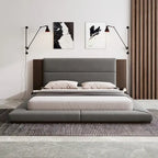 King Gray Floor Upholstered Bed Low Profile Platform Bed w/ Extended Wood Headboard, Built-in Nightstand Shelves