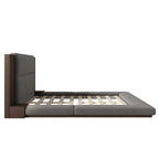 King Gray Floor Upholstered Bed Low Profile Platform Bed w/ Extended Wood Headboard, Built-in Nightstand Shelves