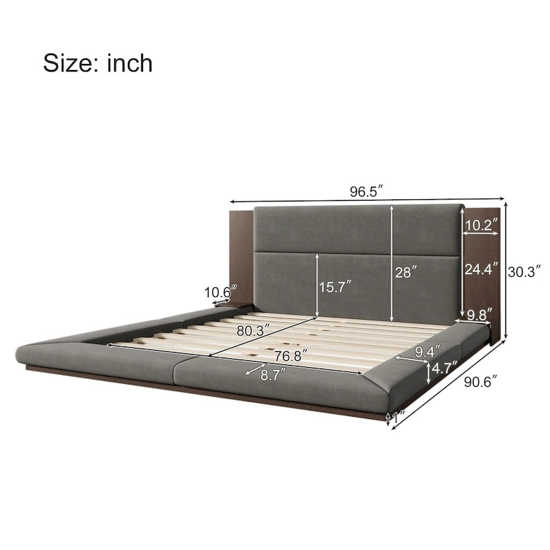 King Gray Floor Upholstered Bed Low Profile Platform Bed w/ Extended Wood Headboard, Built-in Nightstand Shelves
