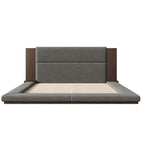 King Gray Floor Upholstered Bed Low Profile Platform Bed w/ Extended Wood Headboard, Built-in Nightstand Shelves