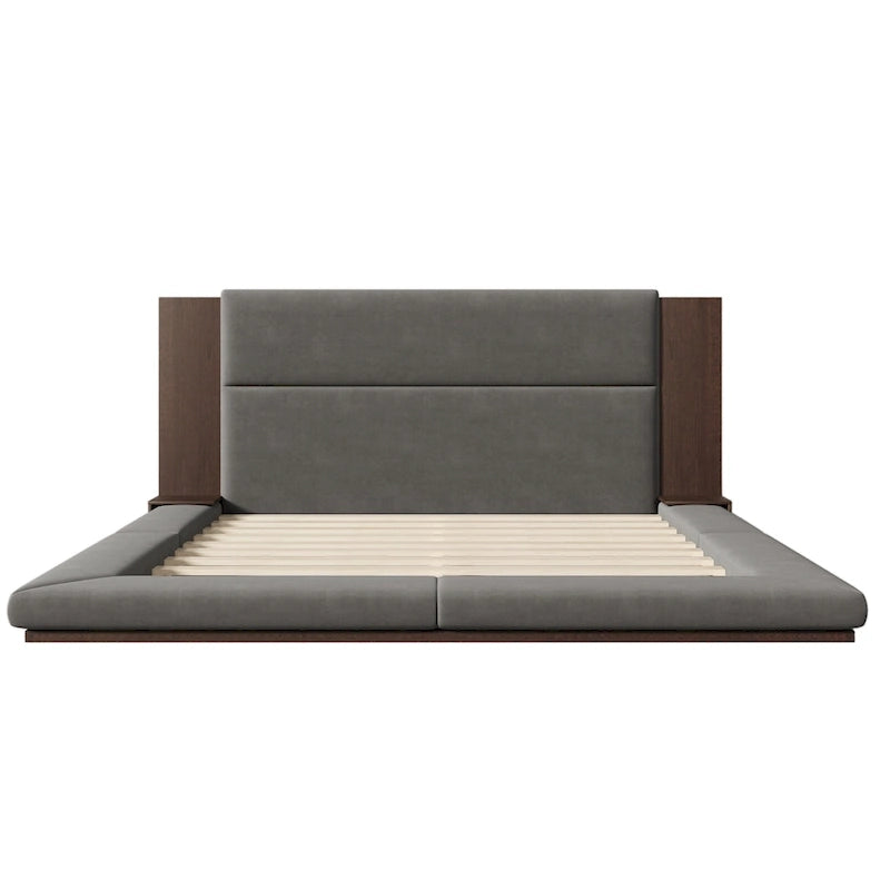 King Gray Floor Upholstered Bed Low Profile Platform Bed w/ Extended Wood Headboard, Built-in Nightstand Shelves