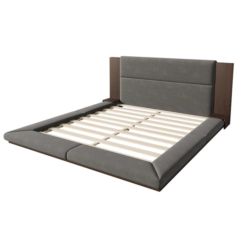 King Gray Floor Upholstered Bed Low Profile Platform Bed w/ Extended Wood Headboard, Built-in Nightstand Shelves