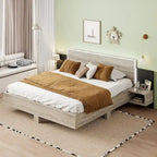 King Size Wooden Floating Platform Bed with Bedside Nightstand Modern LED King Size Bed Frame Wooden Slats Support