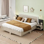 King Size Wooden Floating Platform Bed with Bedside Nightstand Modern LED King Size Bed Frame Wooden Slats Support