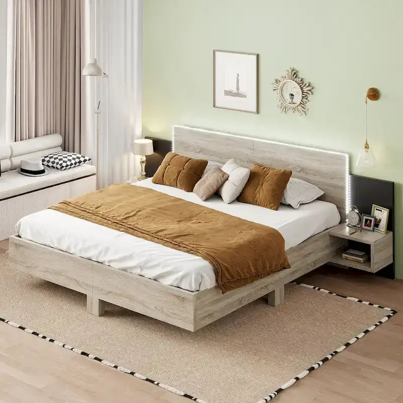King Size Wooden Floating Platform Bed with Bedside Nightstand Modern LED King Size Bed Frame Wooden Slats Support