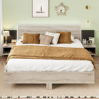 King Size Wooden Floating Platform Bed with Bedside Nightstand Modern LED King Size Bed Frame Wooden Slats Support