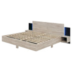 King Size Wooden Floating Platform Bed with Bedside Nightstand Modern LED King Size Bed Frame Wooden Slats Support