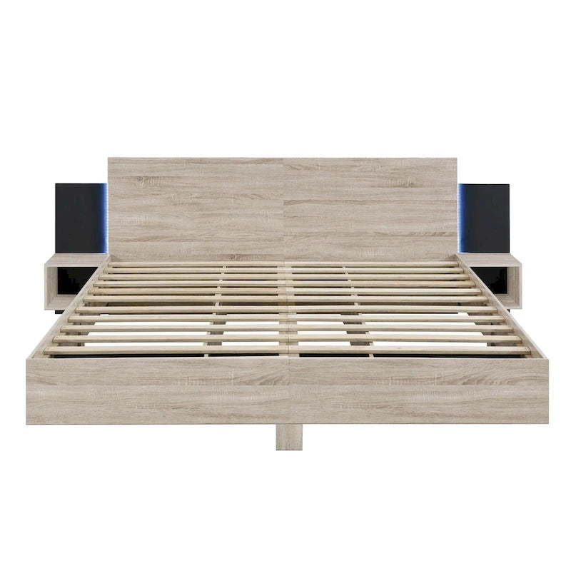 King Size Wooden Floating Platform Bed with Bedside Nightstand Modern LED King Size Bed Frame Wooden Slats Support