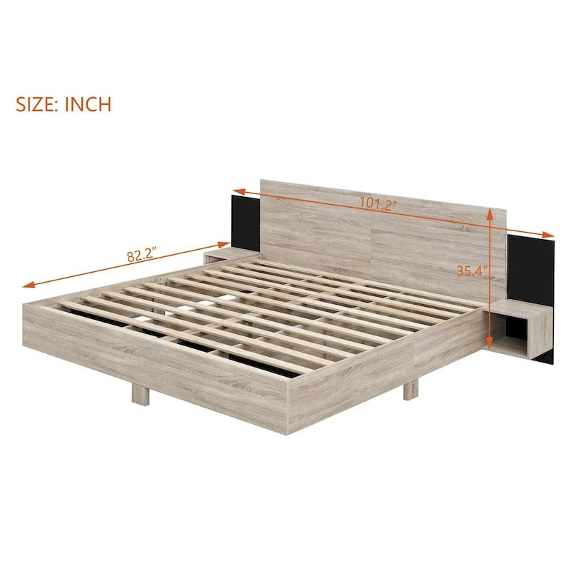 King Size Wooden Floating Platform Bed with Bedside Nightstand Modern LED King Size Bed Frame Wooden Slats Support