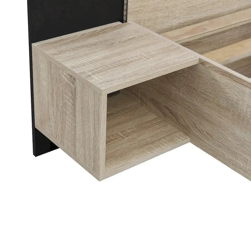 King Size Wooden Floating Platform Bed with Bedside Nightstand Modern LED King Size Bed Frame Wooden Slats Support