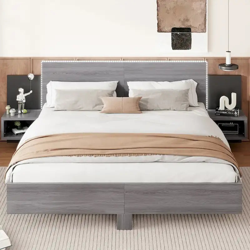 King Size Wooden Floating Platform Bed with Bedside Nightstand Modern LED King Size Bed Frame Wooden Slats Support