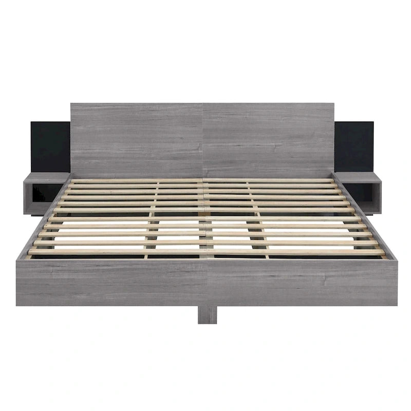 King Size Wooden Floating Platform Bed with Bedside Nightstand Modern LED King Size Bed Frame Wooden Slats Support