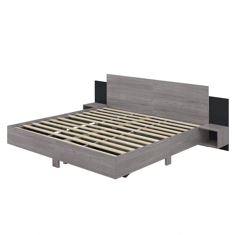 King Size Wooden Floating Platform Bed with Bedside Nightstand Modern LED King Size Bed Frame Wooden Slats Support