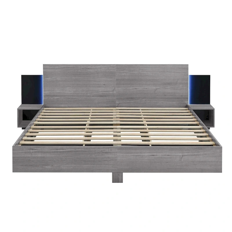 King Size Wooden Floating Platform Bed with Bedside Nightstand Modern LED King Size Bed Frame Wooden Slats Support