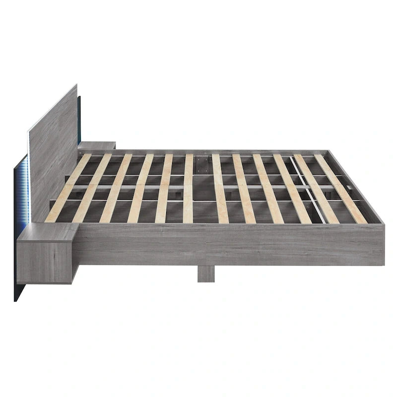 King Size Wooden Floating Platform Bed with Bedside Nightstand Modern LED King Size Bed Frame Wooden Slats Support