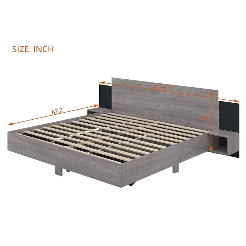 King Size Wooden Floating Platform Bed with Bedside Nightstand Modern LED King Size Bed Frame Wooden Slats Support