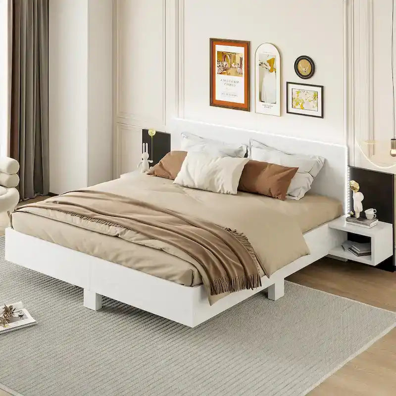 King Size Wooden Floating Platform Bed with Bedside Nightstand Modern LED King Size Bed Frame Wooden Slats Support