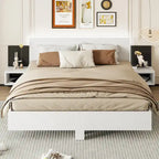King Size Wooden Floating Platform Bed with Bedside Nightstand Modern LED King Size Bed Frame Wooden Slats Support