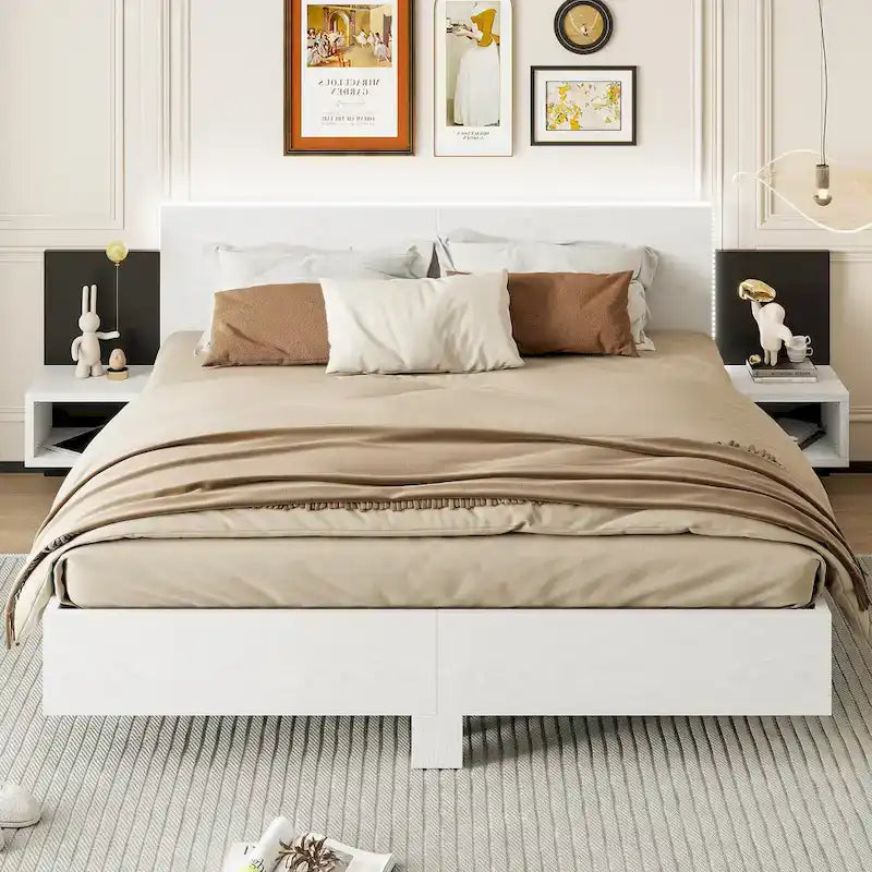 King Size Wooden Floating Platform Bed with Bedside Nightstand Modern LED King Size Bed Frame Wooden Slats Support