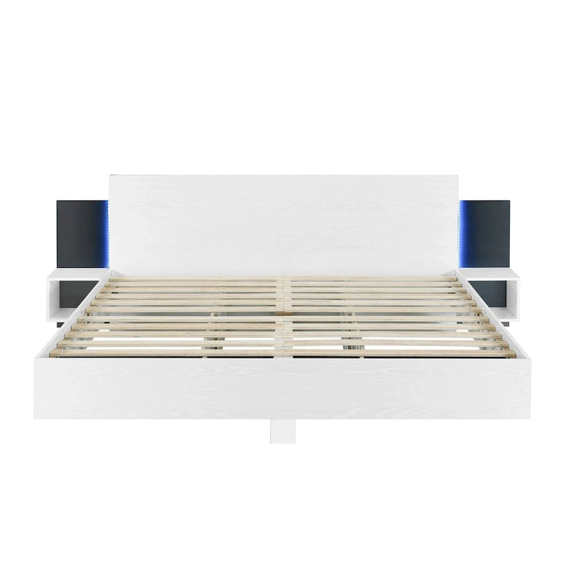 King Size Wooden Floating Platform Bed with Bedside Nightstand Modern LED King Size Bed Frame Wooden Slats Support