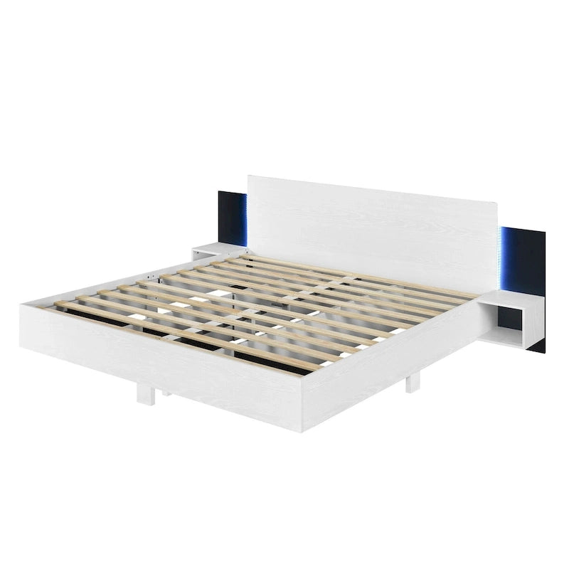 King Size Wooden Floating Platform Bed with Bedside Nightstand Modern LED King Size Bed Frame Wooden Slats Support