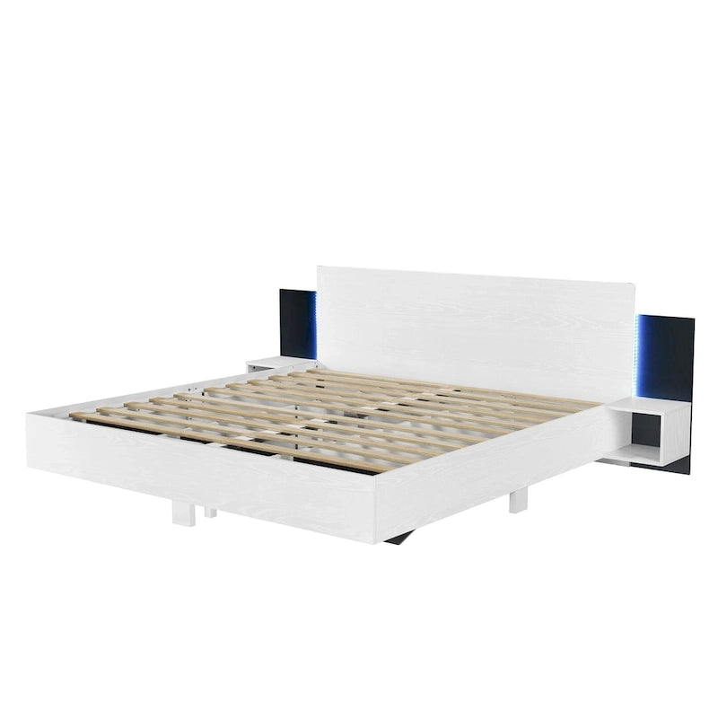King Size Wooden Floating Platform Bed with Bedside Nightstand Modern LED King Size Bed Frame Wooden Slats Support