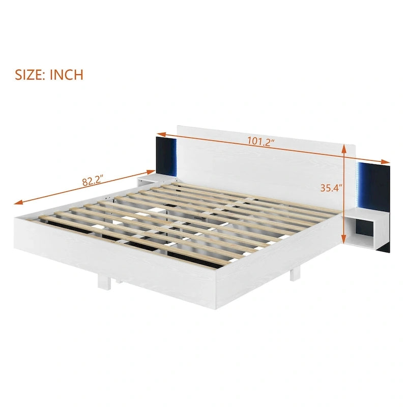 King Size Wooden Floating Platform Bed with Bedside Nightstand Modern LED King Size Bed Frame Wooden Slats Support