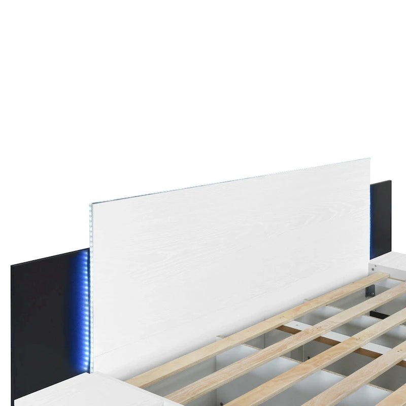 King Size Wooden Floating Platform Bed with Bedside Nightstand Modern LED King Size Bed Frame Wooden Slats Support