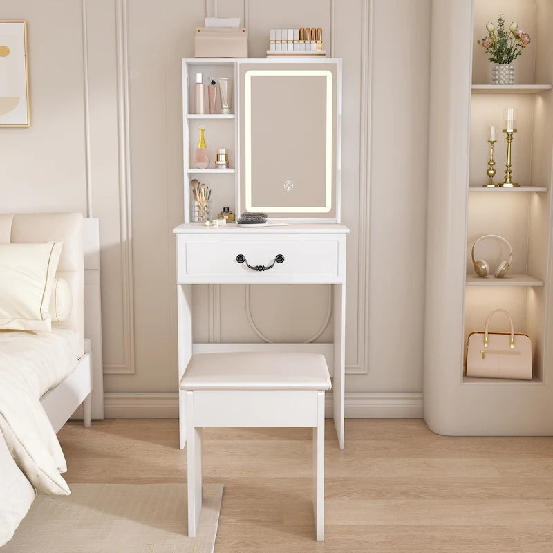 Modern Mini Dressing Table with LED-lit Mirror & Hidden Storage