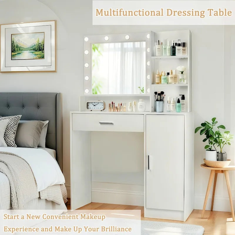 Vanity Desk with Mirror and Lights,with Drawer & Storage Cabinet,3 Lighting Modes Adjustable Brightness,with Open Shelves
