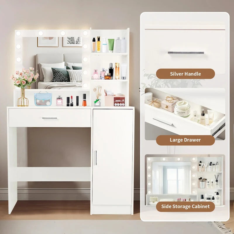 Vanity Desk with Mirror and Lights,with Drawer & Storage Cabinet,3 Lighting Modes Adjustable Brightness,with Open Shelves