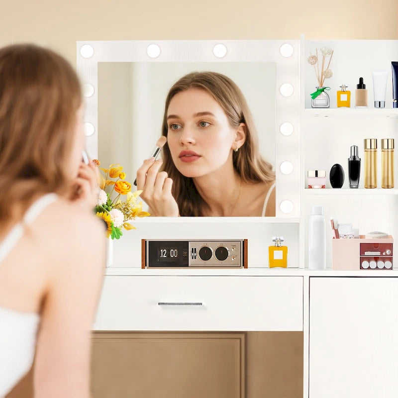 Vanity Desk with Mirror and Lights,with Drawer & Storage Cabinet,3 Lighting Modes Adjustable Brightness,with Open Shelves