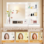 Vanity Desk with Mirror and Lights,with Drawer & Storage Cabinet,3 Lighting Modes Adjustable Brightness,with Open Shelves