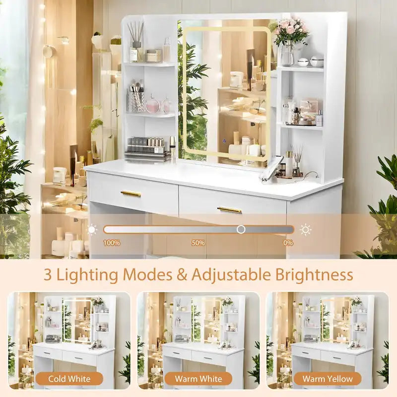 Vanity Desk with Mirror and Lights,with Drawer & Storage Cabinet,3 Lighting Modes Adjustable Brightness,with Open Shelves