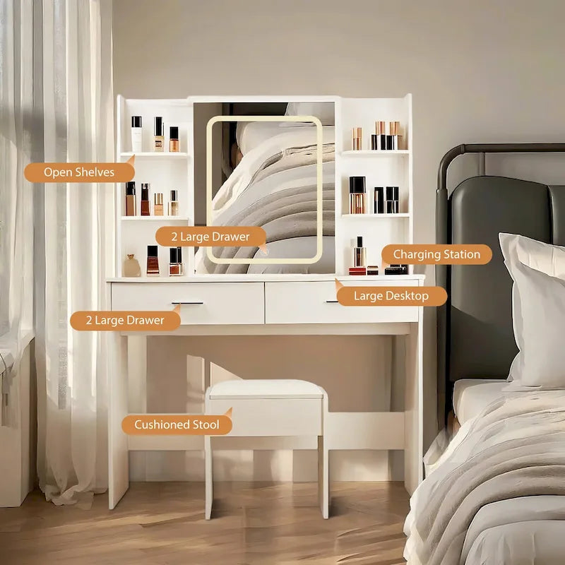 Vanity Desk with Mirror and Lights,with Drawer & Storage Cabinet,3 Lighting Modes Adjustable Brightness,with Open Shelves