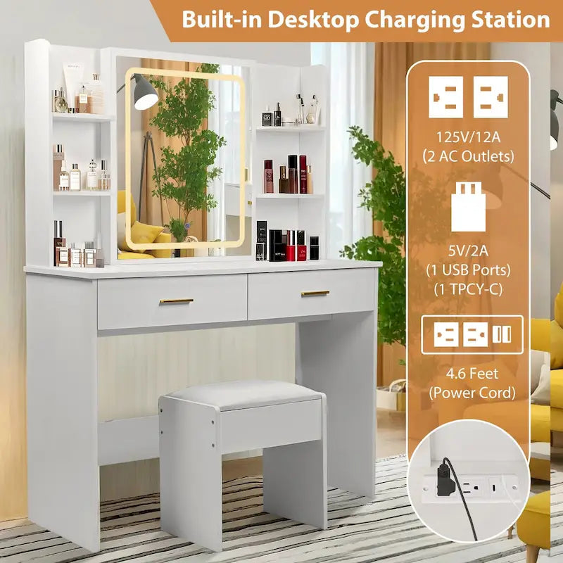 Vanity Desk with Mirror and Lights,with Drawer & Storage Cabinet,3 Lighting Modes Adjustable Brightness,with Open Shelves