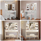 Vanity Desk with Mirror and Lights,with Drawer & Storage Cabinet,3 Lighting Modes Adjustable Brightness,with Open Shelves