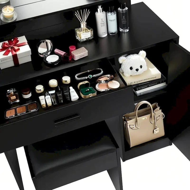Vanity Desk with Mirror and Lights,with Drawer & Storage Cabinet,3 Lighting Modes Adjustable Brightness,with Open Shelves